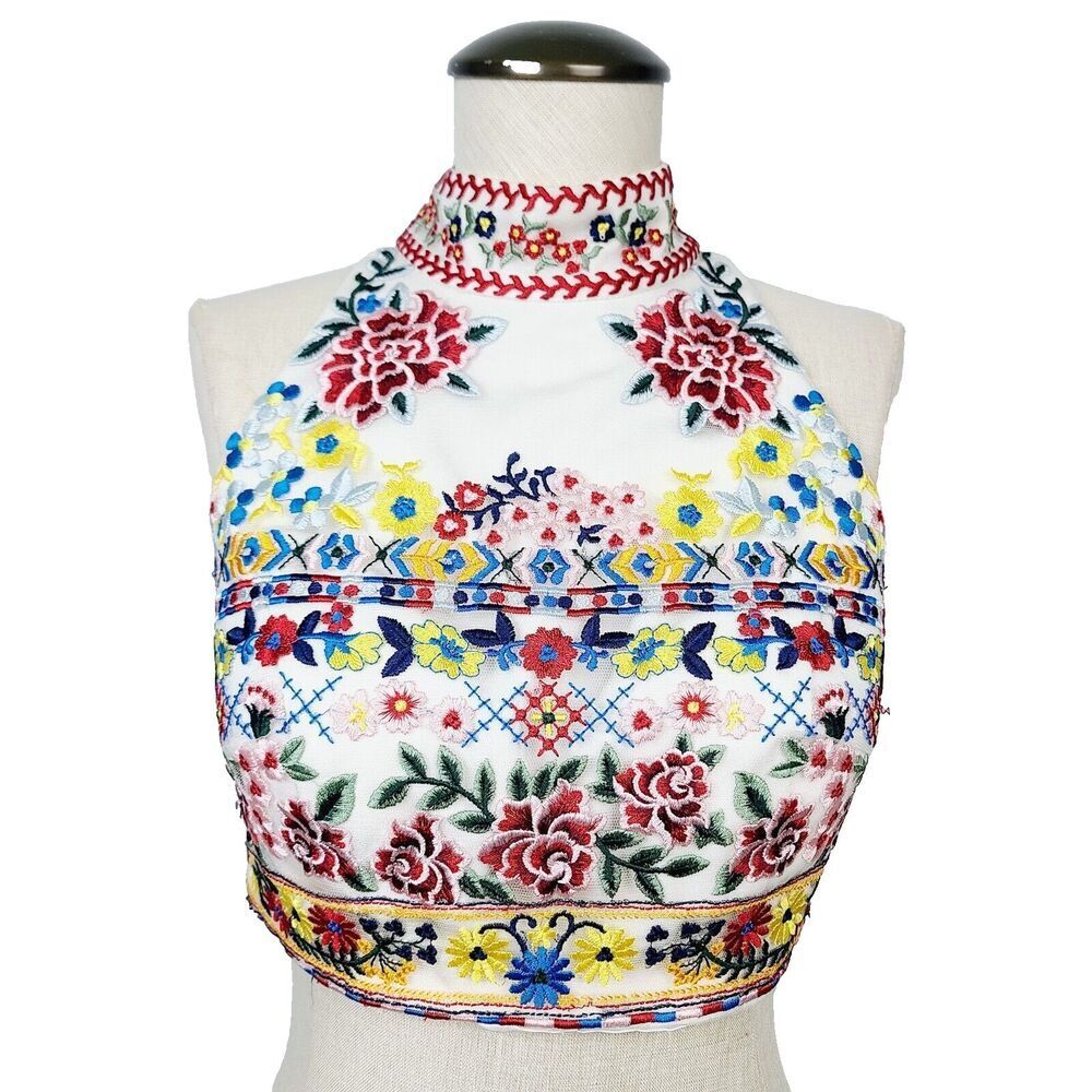 For You Dress Crop Top XS Multicolor Embroidered Floral‎ Sleeveless Occasion
